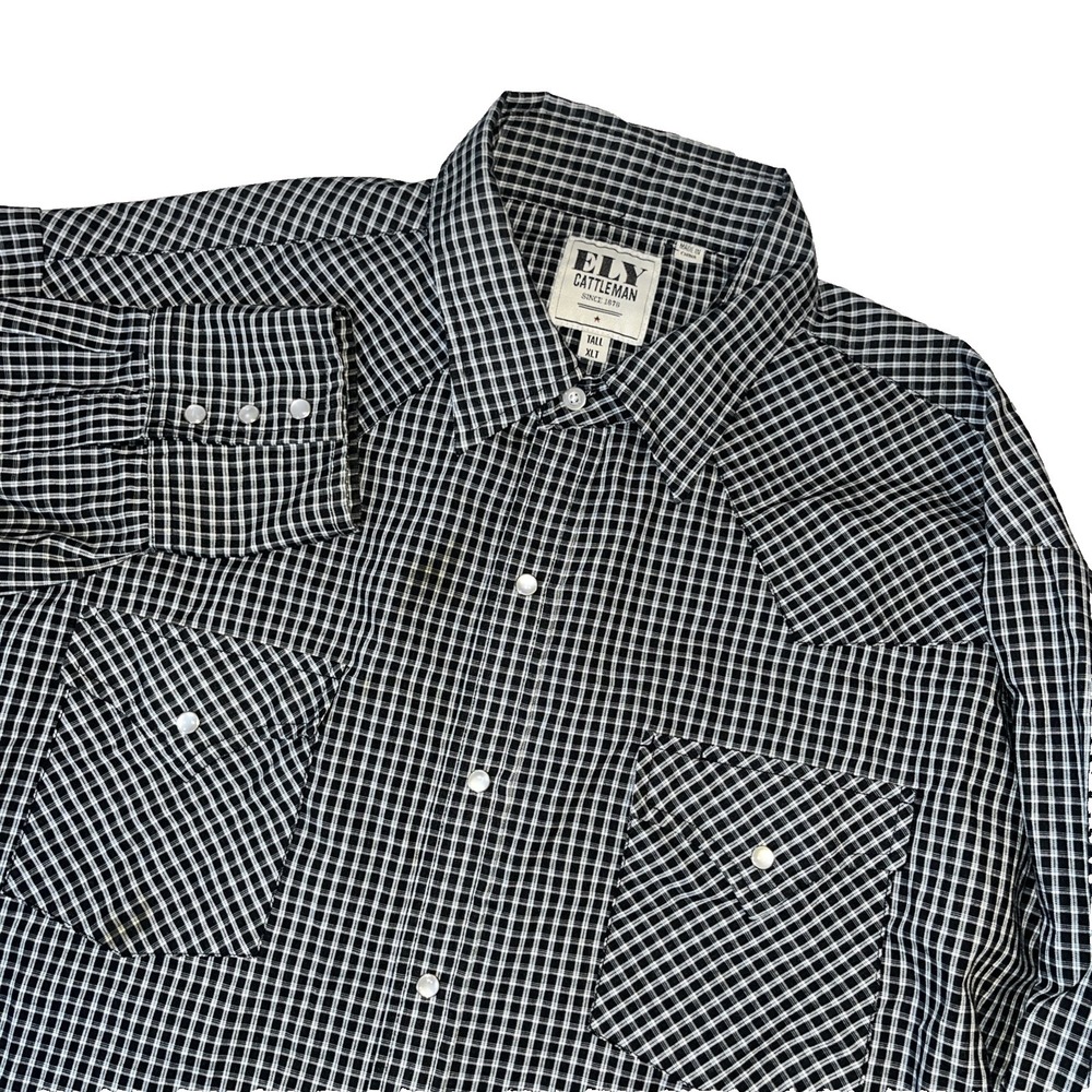 Ely Cattleman Pearl Snap Button Up Shirt Tall XLT Black Plaid Cowboy Rodeo